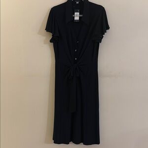Tommy Hilfiger Dark Navy Midi Dress with Notched Collar and Flutter Sleeves